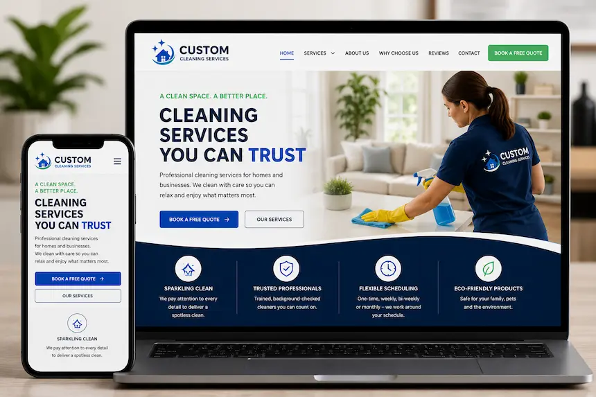 Custom cleaning services website shown on a phone and laptop