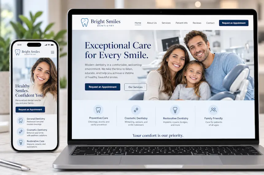 Custom dental practice website shown on a phone and laptop
