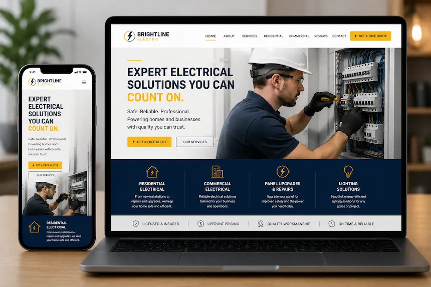 Custom electrician website shown on a phone and laptop