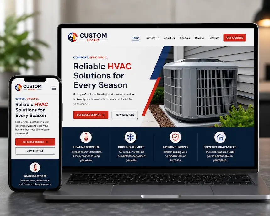 Custom HVAC company website shown on a phone and laptop