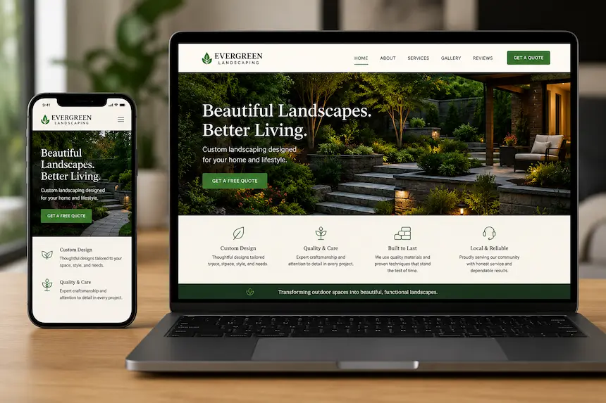 Custom landscaping website shown on a phone and laptop
