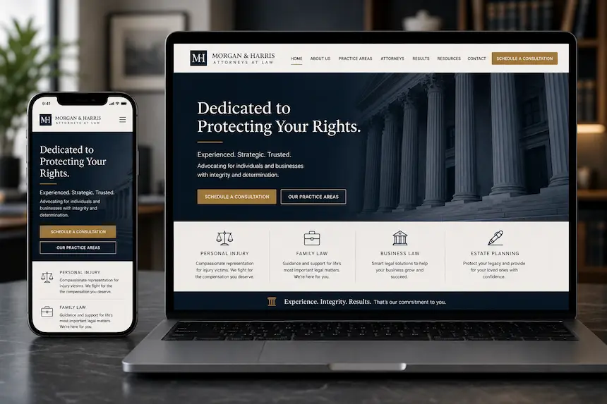 Custom law firm website shown on a phone and laptop