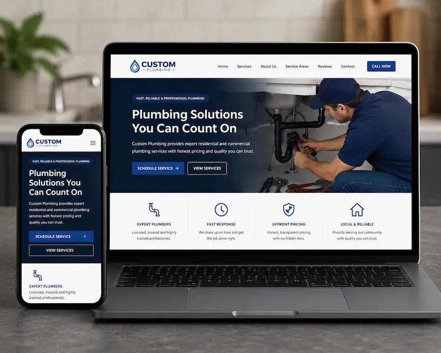 Custom plumbing website shown on a phone and laptop
